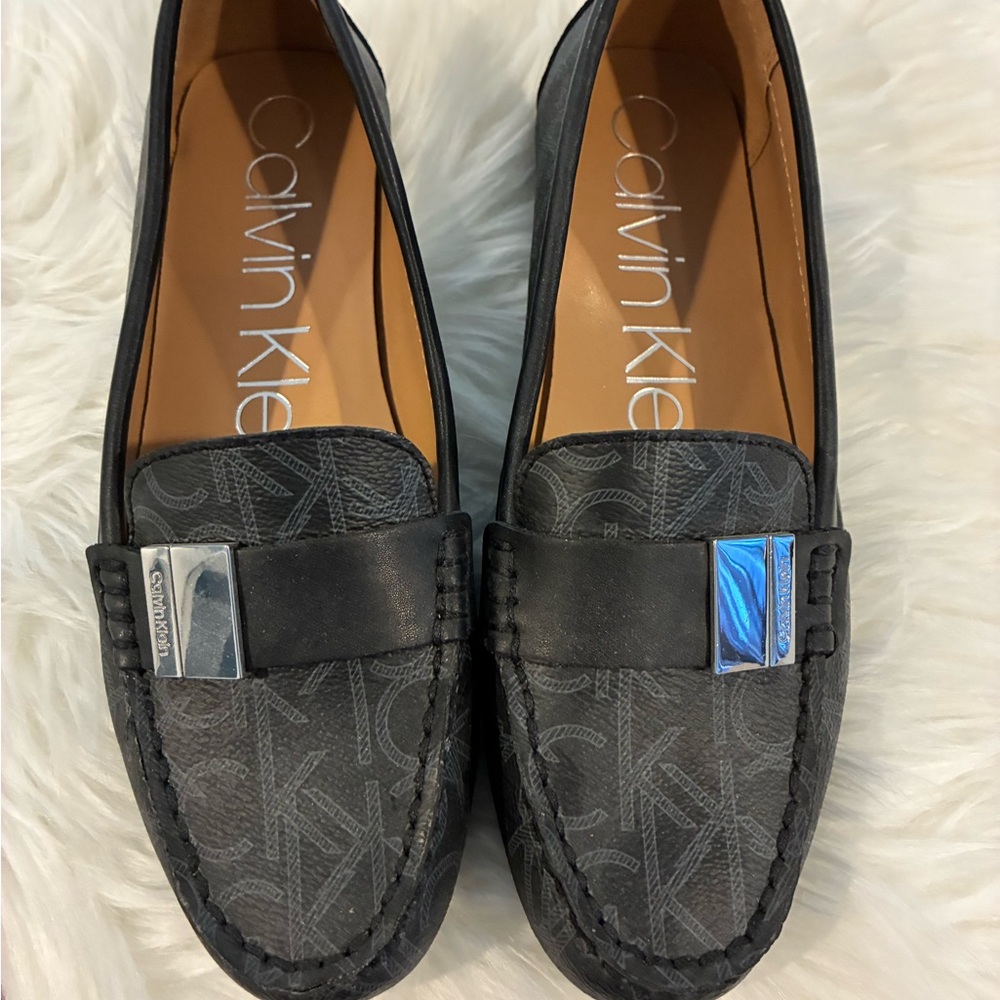New Calvin Klein Black/Gray Loafers with Silver Detail